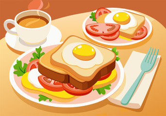 Flat Design Illustration of Croque Madame Sandwich Breakfast with Fried Egg and Coffee