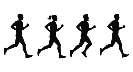 Silhouettes of four people actively running demonstrating physical fitness and speed