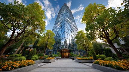 Towering glass edifice amidst verdant foliage