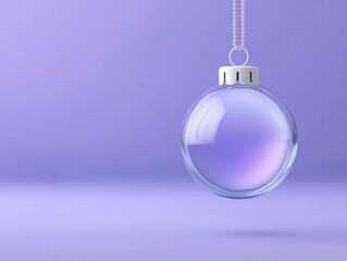 Transparent glass ornament hanging against a soft purple background, reflecting light beautifully, creating a serene and festive atmosphere for holiday decoration