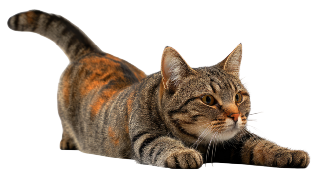 Brown striped cat stretching front paws forward playful feline domestic animal tabby kitten pet pose cute kitty furry illustration isolated