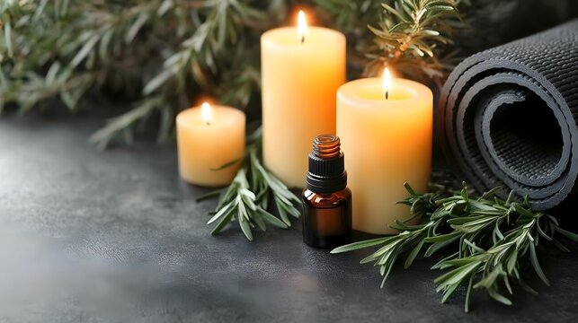 Relaxing spa setting with candles, aromatherapy oil, yoga mat and rosemary