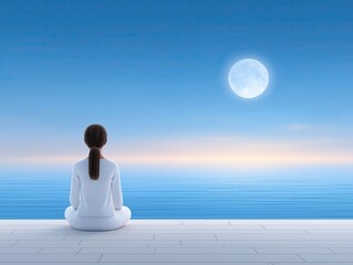 Woman in white attire sitting peacefully on a wooden deck, gazing at the serene ocean under a bright moon, embodying tranquility and reflection in a calming atmosphere
