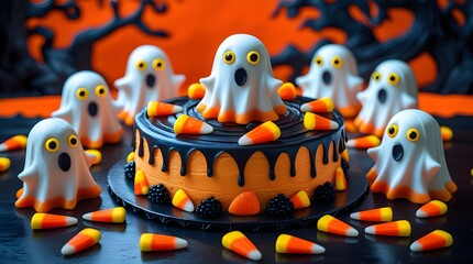 Obraz premium A Tasty Halloween cake with intricately designed ghosts, prominent eyes and scattered candy corns on a dark black table against a vibrant orange background
