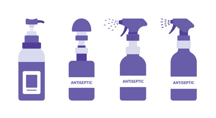Four purple spray bottles showing different stages of use antiseptic
