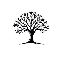 A stark, black and white illustration of a bare tree with intricate branches, showcasing a minimalist design.