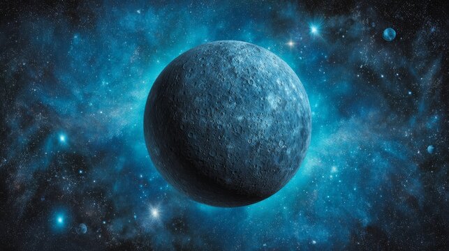 360 degree space background with Planet Mercury with young stars, equirectangular projection, environment map. HDRI spherical panorama.