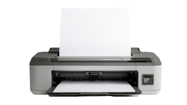 Printer display with white sheet paper printing device office technology equipment document output machine copy hardware electronic isolated on white background
