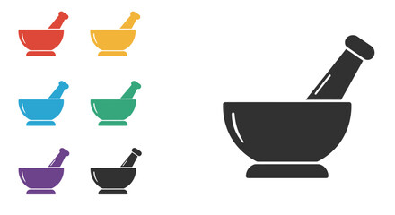 Colorful collection of mortar and pestle icons in varying styles displayed