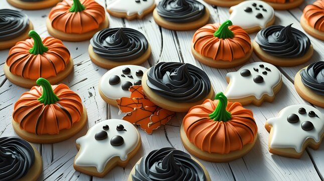 Assortment of multicolored Halloween homemade cookies, including sugar cookies with orange and black frosting, pumpkin-shaped cookies with green stems, and ghostly white cookies with dark chocolate