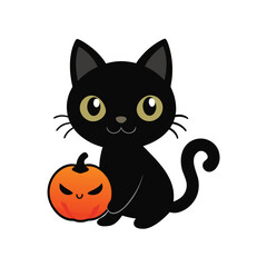 Cute black cat with a Halloween pumpkin jack o lantern