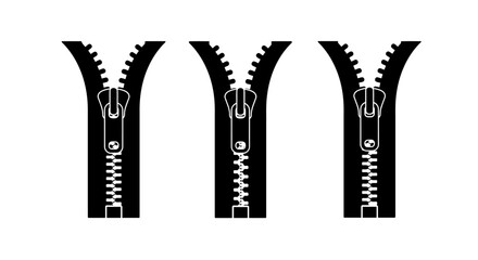 Three black and white illustrations of partially opened zippers displayed together