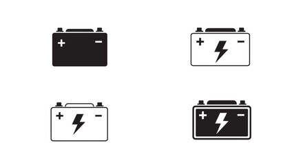 Four variations of a black and white car battery icon illustration
