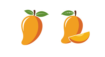 Two ripe mangoes one whole and one cut with green leaves