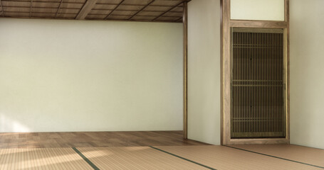 Interior, Empty room with door paper and tatami mat floor room modern style. 3D rendering