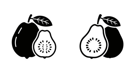 Simple black and white illustration of guavas and a cut guava fruit