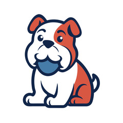 Cute cartoon bulldog sitting with a blue ball in its mouth