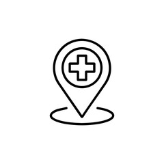Medical location pin icon with a cross symbol, isolated on white background
