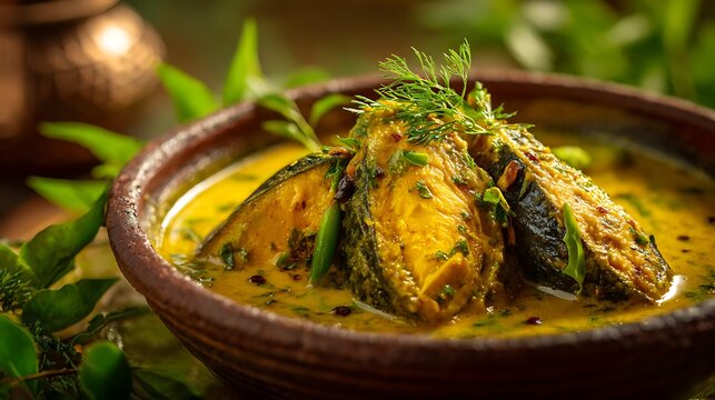 Shorshe Ilish isolated in a ceramic bowl, hilsa fish cooked in intense yellow mustard sauce