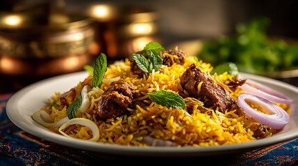 Bengali Biryani displayed isolated on a white plate with fragrant yellow rice, juicy pieces of meat and spices