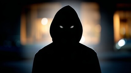 A frightening figure wearing a hood with sinister eyes and an empty face looking towards the camera. silhouette concept