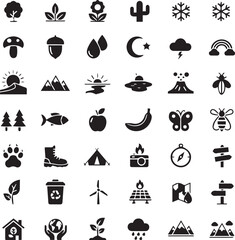 Flat Black Nature and Environment Icons — Minimal Eco Vector Pack with Transparent Background