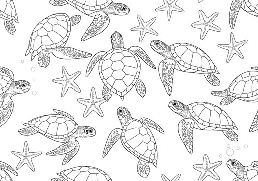A repeating pattern of sea turtles and starfish.