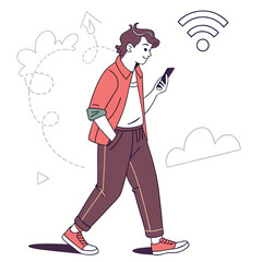 Young man walking while looking at his smartphone with wifi signal and cloud icons nearby