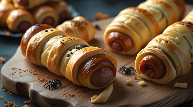 Halloween-themed food, featuring sausage rolls baked in a flaky puff pastry dough wrapped in strips to resemble mummies, alongside pigs in a blanket