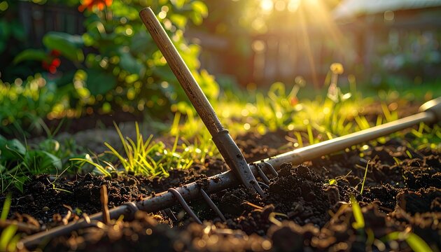 Gardening tool in rich soil, sunlit with foliage