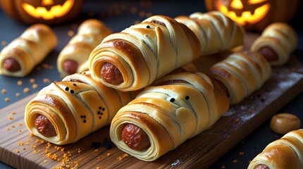 Halloween-themed food, featuring sausage rolls baked in a flaky puff pastry dough wrapped in strips to resemble mummies, alongside pigs in a blanket