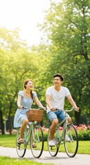 Obraz premium Cheerful couple enjoying a summer bike ride through a park, cycling together along a paved path with vintage bicycles, surrounded by green trees and foliage under bright sunlight, radiating joy