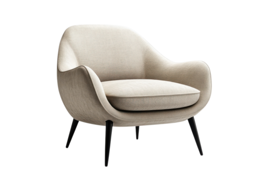 Modern beige armchair with black legs for interior design projects on transparent background
