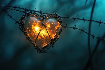 anxiety as a heart tightly wrapped in glowing barbed wire