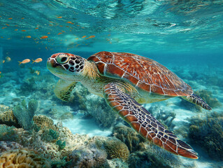 Obraz premium Underwater scene with a green sea turtle swimming among coral reefs in a tropical ocean