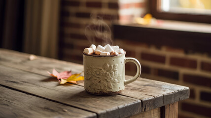 Cozy hot chocolate with marshmallows and autumn leaf on wooden table