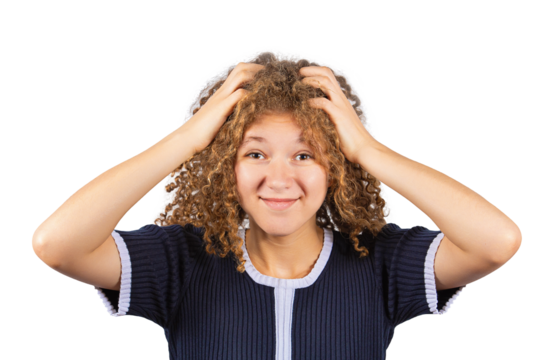 Puzzled teenage girl with curly hairstyle, looking perplexed to camera as keeps messing her hair. Frizzy ginger woman adolescent isolated on transparent background - Powered by Adobe