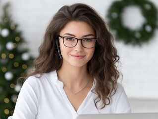 Young woman with curly hair and glasses is smiling while working on a laptop in a cozy home office decorated for the holidays, showcasing a warm and inviting atmosphere
