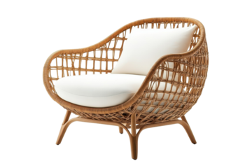 Wicker armchair with white cushions offers comfortable seating for indoor or outdoor living spaces on transparent background