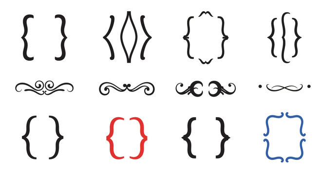 Collection of ornate vintage brackets and flourishes in black red and blue