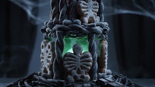 A spooky Halloween gingerbread tower decorated with skeleton cookies and a mysterious glowing green potion inside.