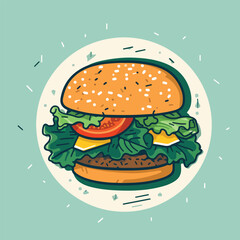 Colorful Hamburger Illustration with Lettuce, Tomato, Cheese, and Teal Background