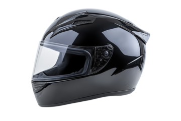 Sleek black motorcycle helmet with clear visor offers safety and style for riders on the open road on transparent background
