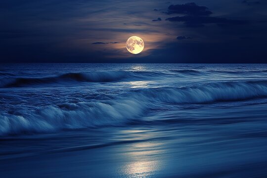 calmness as smooth waves reflecting a moonlit sky