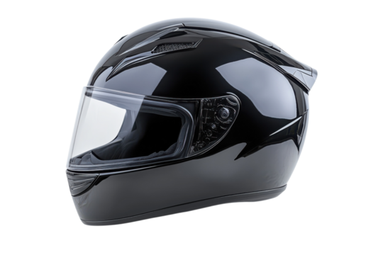 Sleek black motorcycle helmet with clear visor offers safety and style for riders on the open road on transparent background