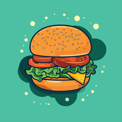 Colorful Hamburger Illustration with Lettuce, Tomato, Cheese, and Teal Decorative Background