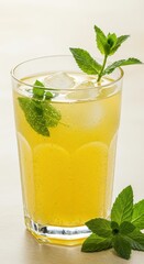 Fototapeta premium Delicious, refreshing cold beverage served in a tall glass, featuring ice cubes and sprigs of fresh mint leaves, creating an inviting and appealing presentation.