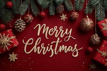 Festive holiday scene featuring elegant decorations, including gold ornaments, pine branches, and wrapped gifts, creating a warm and inviting atmosphere for Christmas celebrations