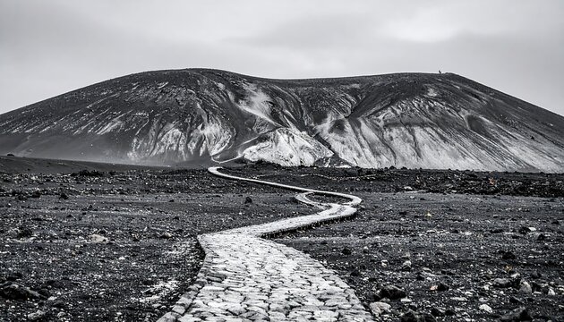 Winding Path to Volcanic Peak - A Monochrome Landscape.