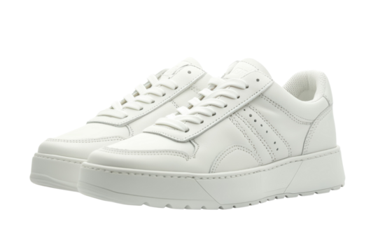 Pair of stylish white leather sneakers with platform soles perfect for casual everyday wear fashion on transparent background